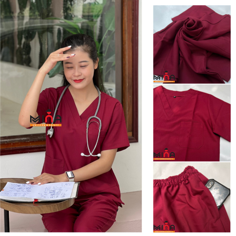 Bộ scrubs bác sĩ, quần áo y tế phẫu thuật - Màu đỏ mận VẢI CO GIÃN